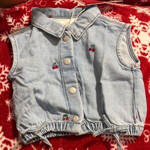 Zara Kids Light Blue Cherry Embroidered Denim Vest